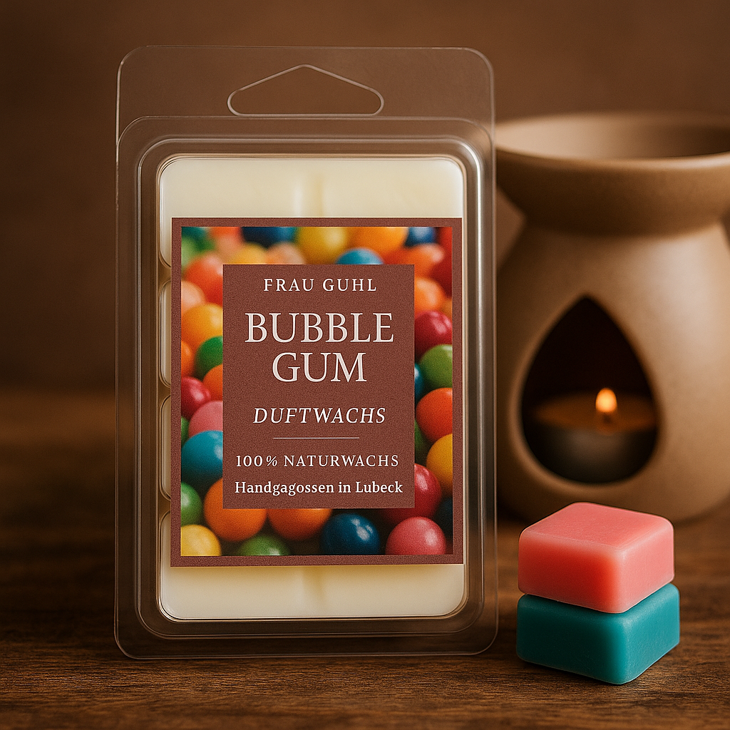 Duftwachs Bubble Gum von Frau Guhl mit 6 pinken Wachsstücken in Blisterform, auf hellem Hintergrund dekoriert mit Kaugummikugeln – 75 g Packung mit Originaletikett.