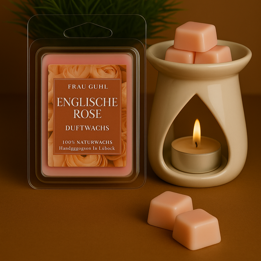 Duftwachs Englische Rose von Frau Guhl, 6 roséfarbene Wachsstücke auf hellem Untergrund, dekoriert mit Rosenblättern – 75 g Packung mit Originaletikett.Und weißer Duftlampe in tROPEFENFORM AUS kERAMIK: