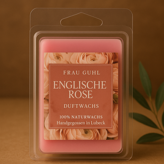 Duftwachs Englische Rose von Frau Guhl, 6 roséfarbene Wachsstücke auf hellem Untergrund, dekoriert mit Rosenblättern – 75 g Packung mit Originaletikett.

