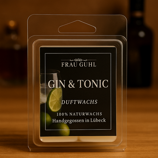 Duftwachs Gin & Tonic von Frau Guhl mit 6 hellgrünen Wachsstücken, dekoriert mit Limettenscheiben und Kräutern – 75 g Packung mit Originaletikett.