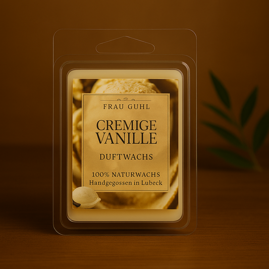 Duftwachs Cremige Vanille von Frau Guhl, 6 beige Wachsstücke auf natürlichem Hintergrund mit Vanilleschoten – 75 g Packung mit Originaletikett.