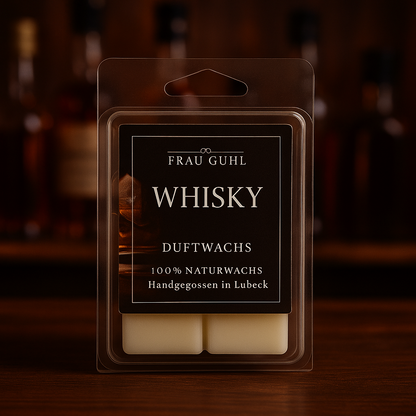 Duftwachs Whisky von Frau Guhl, 6 dunkel amberfarbene Wachsstücke dekoriert mit Holz und Glasdeko – 75 g Blisterverpackung mit Originaletikett.